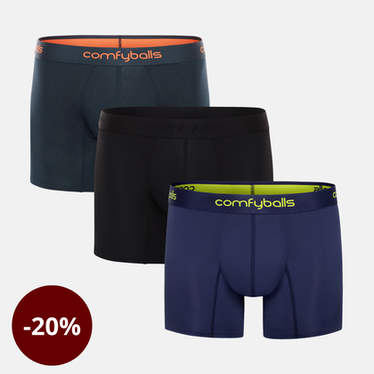 Þrennar Comfyballs boxernærbuxur í Long sídd, dökkbláar Cotton, svartar Comfycel og dökkbláar Performance með gulgrænu lógói.