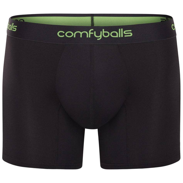 svartar nærbuxur með grænu logoi, comfyballs, performance, íþróttanærbuxur